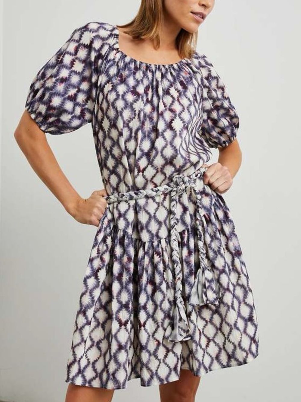 Rails Emmaline Dress Small Iris Shibori Lyocell Puff Sleeve Braided Belt Mini